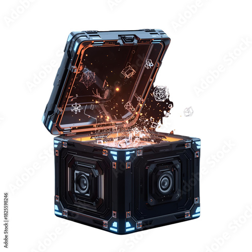 Futuristic digital mystery treasure chest overflowing with glowing particles and digital fragments