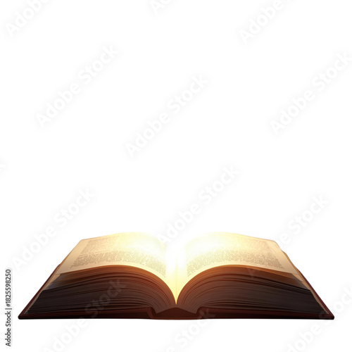 An antique open book with pages radiating a mystical, luminous glow, symbolizing profound wisdom, spiritual enlightenment, infinite knowledge, and the journey of discovery through learning