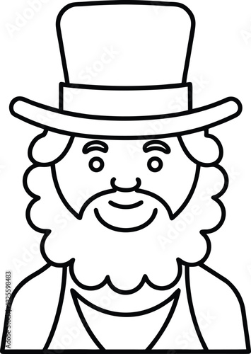 Leprechaun face with top hat and beard line art vector