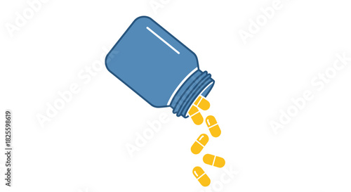 Blue Pill Bottle with Yellow Capsules Spilling Out Isolated.