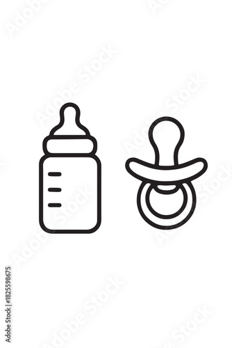 Baby bottle and pacifier black and white vector illustration outline style
