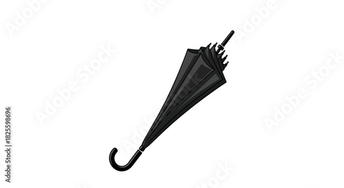 A closed black umbrella with a curved handle.