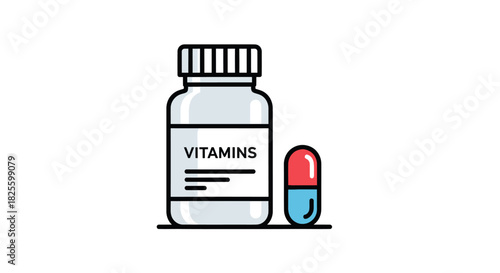 Stylized icon of a vitamin supplement bottle with a black cap and a single red and blue capsule.
