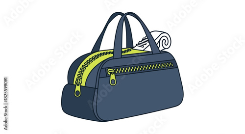 Illustrated Blue Gym Duffel Bag with Bright Yellow Zippers and Rolled Towel.