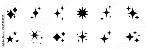 Minimalist twinkle star shape symbols. Shining star icons, abstract sparkle black silhouettes. Modern geometric elements, shining star icon set.