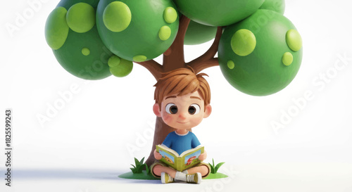 Cartoon Boy Reading a Book Under a Stylized Tree.