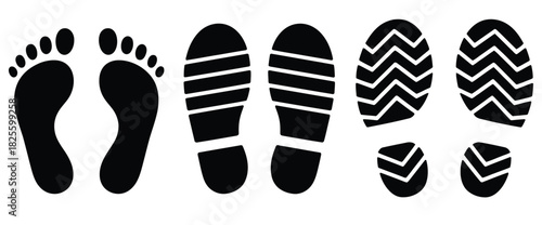 Human footprints vector icon set, including barefoot, shoe, and boot prints, footstep silhouettes, walk trail path journey concepts, people marks, and black isolated designs on white background.