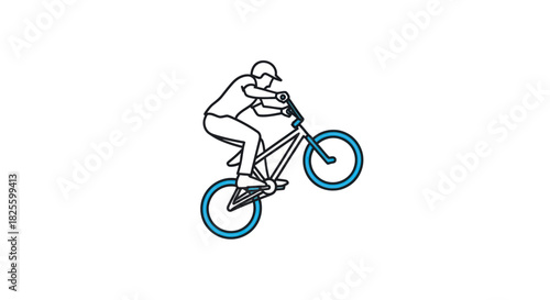 Outline Illustration of a Cyclist Performing a Wheelie on Bicycle.