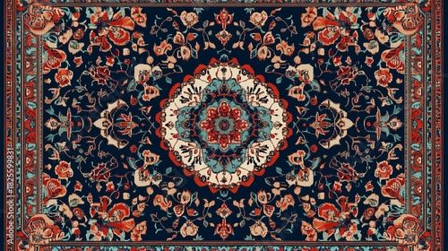 Intricate traditional persian rug with rich floral patterns and a central medallion on a dark blue background