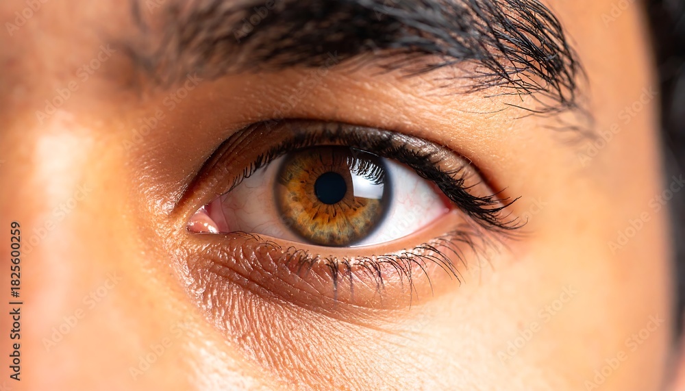 Obraz premium Close-up of a human eye with brown and amber hues. Detailed view of the iris and surrounding skin. Shows lashes & brow