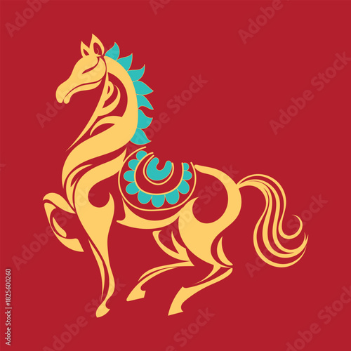 Golden horse artwork on a rich red background featuring elegant flat festive styling suitable for Lunar New Year themes decoration branding posters invitations cultural celebration