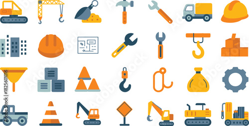 Flat construction icons set, heavy machinery tools and equipment illustration, building industry symbols, engineering elements for infrastructure projects, industrial safety graphics collection