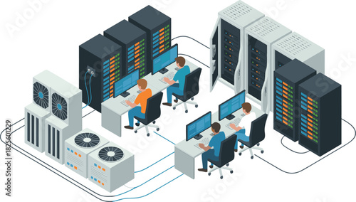 Isometric data center illustration, IT professionals monitoring servers, modern network infrastructure room, server racks and cooling systems in advanced technology environment