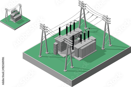Isometric electrical substation illustration, high voltage transformers and power lines, energy distribution system layout, industrial infrastructure design for utility grid visualization