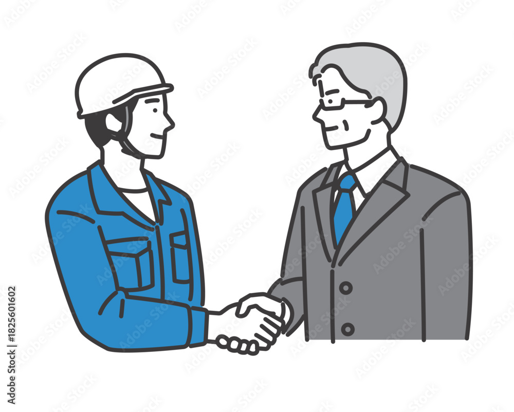 Obraz premium 作業員と握手するビジネスパーソンのイラスト
