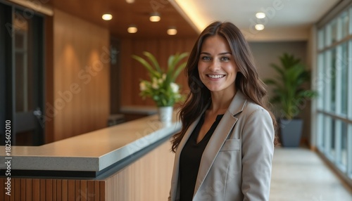 Professional woman smiling at reception desk in modern office  