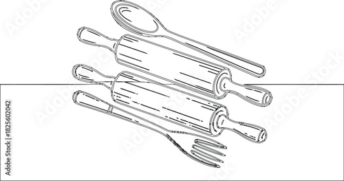 Outline Drawing of Rolling Pins, Spoon, and Fork with Reflection in a Horizontal Line