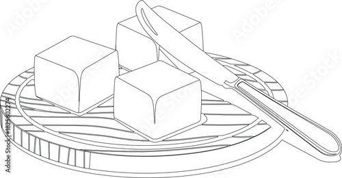 Outline Drawing Three Butter Squares and Knife on a Wooden Cutting Board