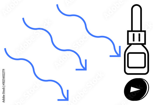 Wavy blue arrows indicate airflow toward a dropper bottle and black button concept. Ideal for relaxation, wellness, aromatherapy, air purification, essential oils, mindfulness, and self-care. A