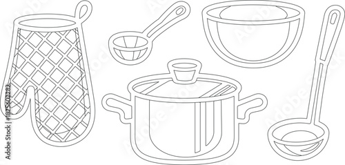 Outline Drawing Oven Mitt, Ladle, Bowl, Pot with Lid Kitchenware Line Art