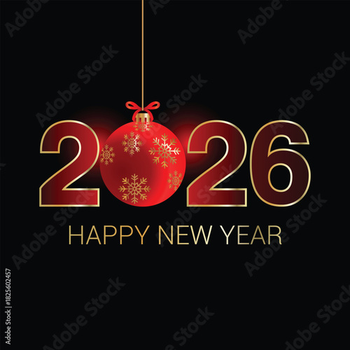 Happy New Year 2026 with Festive Red and Gold Ornament