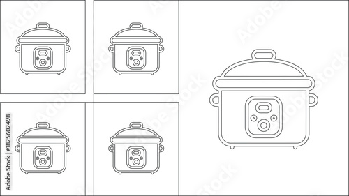 Outline Illustration of a MultiCooker, Four Isolated Frames and One Larger CloseUp Version