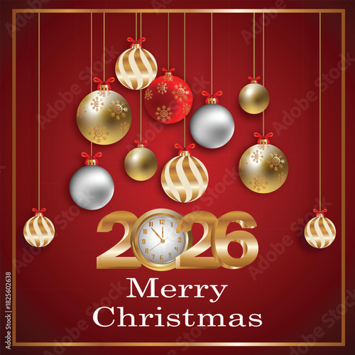 Happy New Year 2026 with Festive Red and Gold Ornament