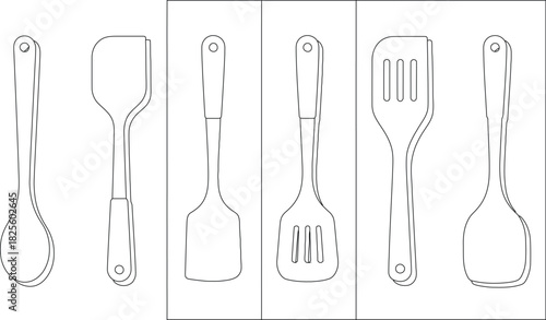 Outline Illustration of Various Kitchen Spoons and Spatulas Arranged Vertically, Simple Cooking Utensils
