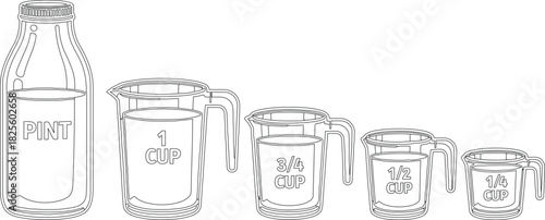 Outline Illustration Pint Jar and Measuring Cups 1 Cup, 3/4, 1/2, 1/4 Cup