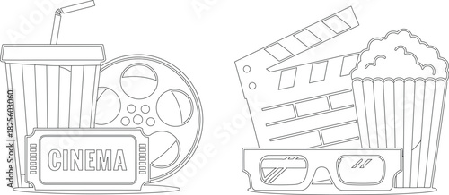 Outline of Cinema Elements Soda, Film Reel, Ticket, Clapperboard, 3D Glasses, and Popcorn