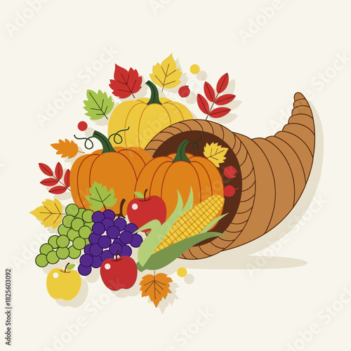 Thanksgiving Cornucopia with Autumn Harvest Vegetables and Fruits.