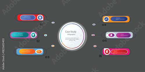 Modern case study sample infographic template with six steps, colorful icons, and text on dark background