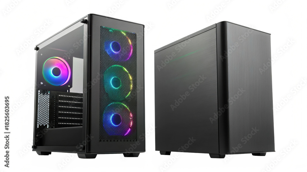 Obraz premium Two views of a modern black computer case with rgb fan lighting isolated on transparent background