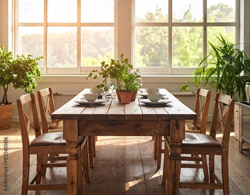 Sunlit Rustic Dining Room with Wooden Table and Plants