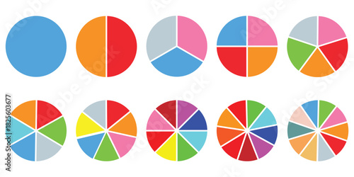 Pie chart color icons. Segment slice sign. Circle section graph. 1,2,3,4,5,6,7,8,9,10, segment infographic. Pie chart set. Wheel round diagram part symbol. Three phase, six circular cycle.