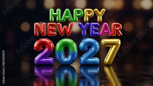 Happy New Year 2027 in colorful 3D balloon letters and numbers reflecting on a dark festive background.