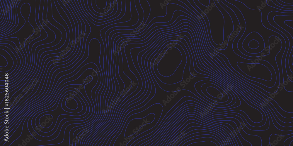 Fototapeta premium Abstract dark topographic pattern with flowing contour lines, organic curves, and subtle blue lighting. Modern, minimal, and atmospheric background ideal for technology, mapping, or design projects.