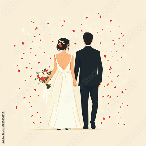 A charming flat design illustration depicts a happy bride and groom walking hand-in-hand down the wedding aisle amidst falling confetti, celebrating their union