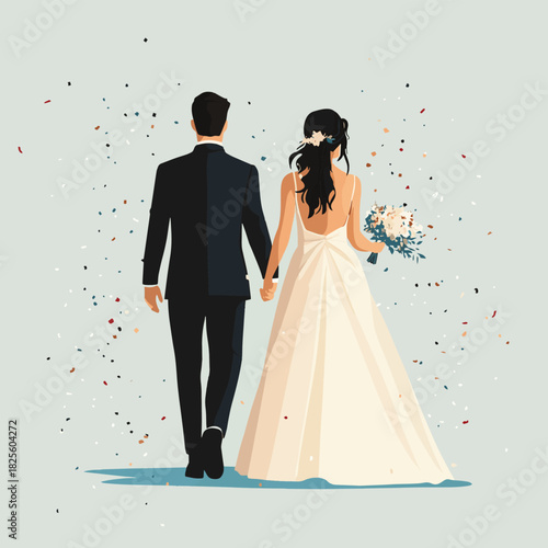 A charming flat design illustration depicts a happy bride and groom walking hand-in-hand down the wedding aisle amidst falling confetti, celebrating their union