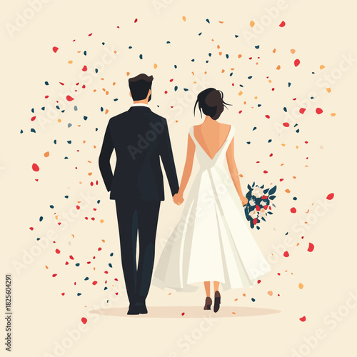 A charming flat design illustration depicts a happy bride and groom walking hand-in-hand down the wedding aisle amidst falling confetti, celebrating their union