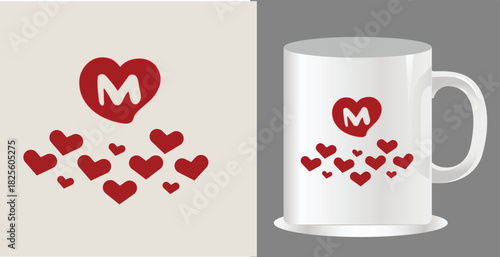 Heart shaped m letter design with mug mockup