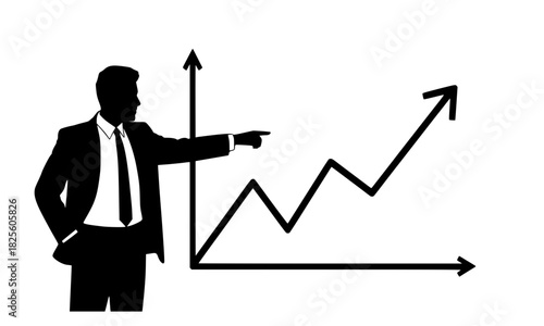Businessman pointing at a fluctuating line graph with an upward trend, silhouette illustration of business analysis, growth, financial success, and presentation.