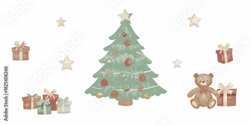 Christmas tree with gifts and teddy bear illustration on white background