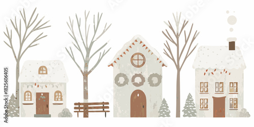 Winter village illustration with houses trees and snow covered roofs
