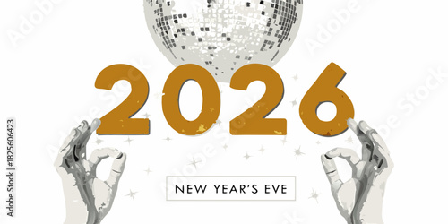 New years eve 2026 celebration with disco ball and hands