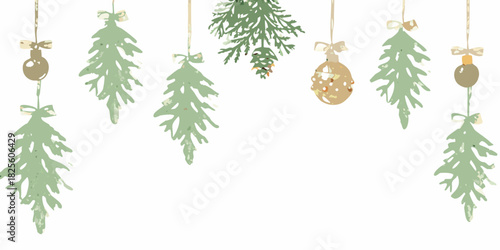 Watercolor christmas ornaments and greenery hanging on white background