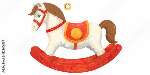 Watercolor illustration of a vintage rocking horse toy on white background