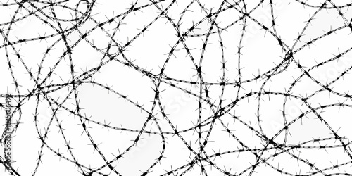 Tangled barbed wire against white background symbolizing security and restriction