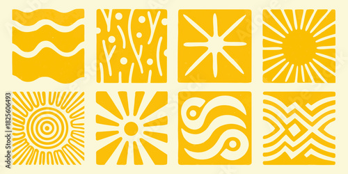 Set of eight yellow square tile patterns with various abstract designs