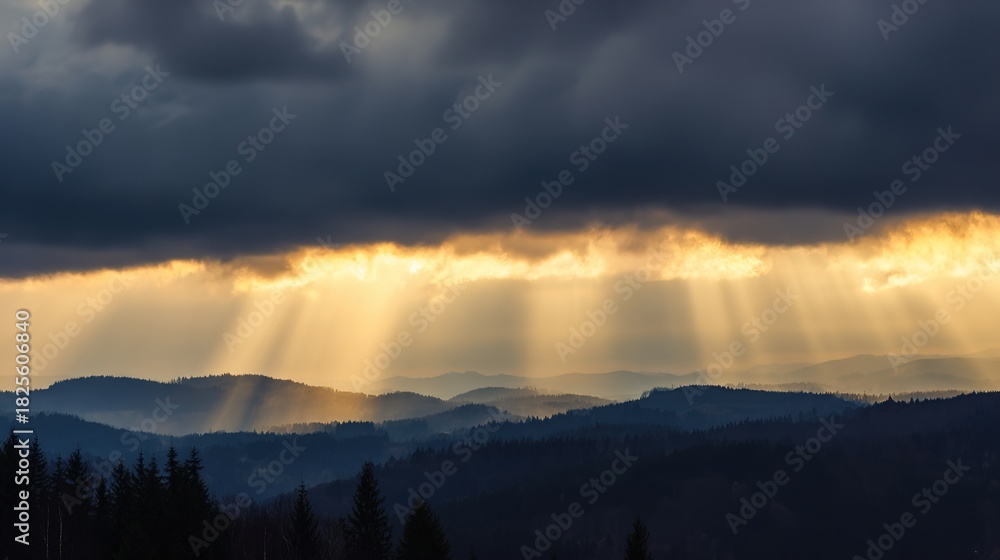 Fototapeta premium epic. Sunbeams breaking through storm clouds over a vast wilderness at golden hour. travel magazines, destination branding, designed for outdoor magazines and nature guides, inspires travel planning.